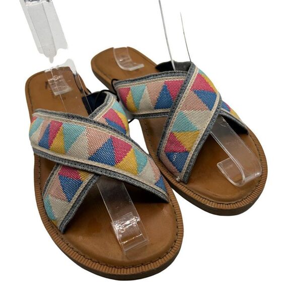 Toms Womens Viv Sandals Geometric Colorful Canvas Slides Cross Straps - Picture 1 of 5